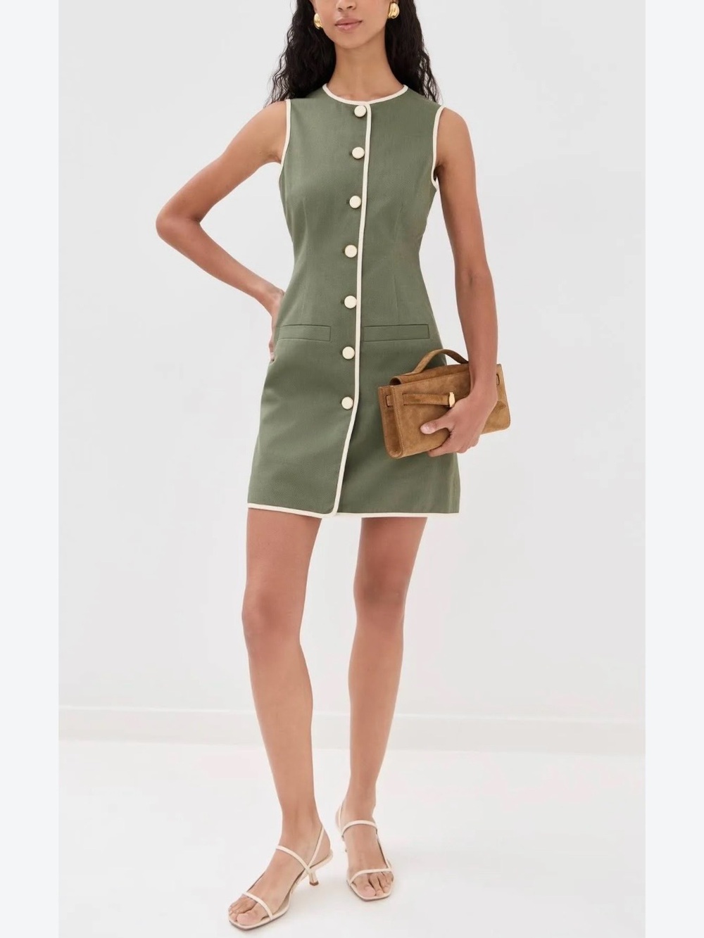 Veronica Beard Whistler Contrast Trim Sleeveless Dress in Stone Army Size 4